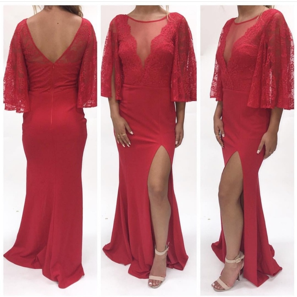 Red long dress with lace bell sleeve